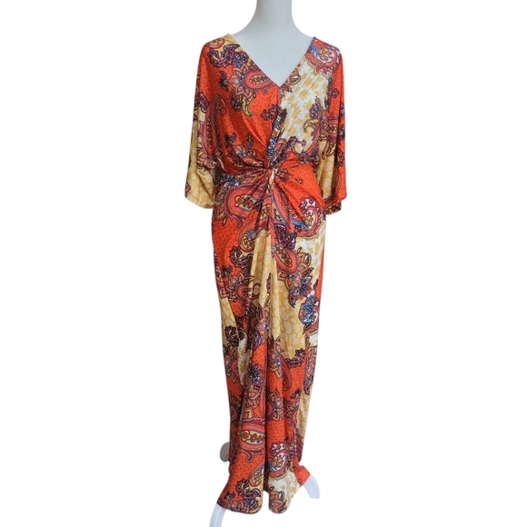 *NWOT* Venus Boho Paisley Twist Knot Front Detail Maxi Dress in Orange - Size S - Picture 2 of 14